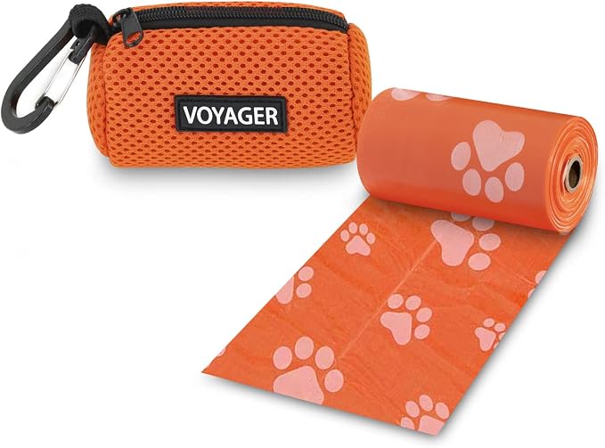 Best Pet Supplies Dog Poop Bag Holder Leash Attachment with Reusable Dispenser for Travel, Walking, Park, and Outdoor Use, Durable with Clip-On - Orange, Mesh Dispenser w/15 Bags