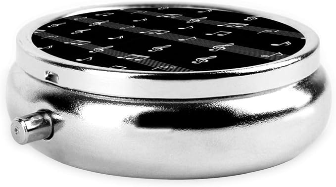 Pocket Pill Dispenser, Black and White Piano Keys Round Metal Case, Travel Organizer for Medicine, Waterproof Pill Box Purse Use for Road Trips