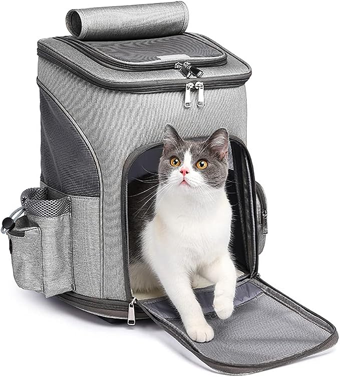 Wheeled Pet Carrier Backpack Pet Stroller, Travel Carrier, Car Seat for Small Dogs Cats Puppies, Comfort Cat Backpack Removable Rolling Wheels – Mesh Ventilation Windows (Grey)