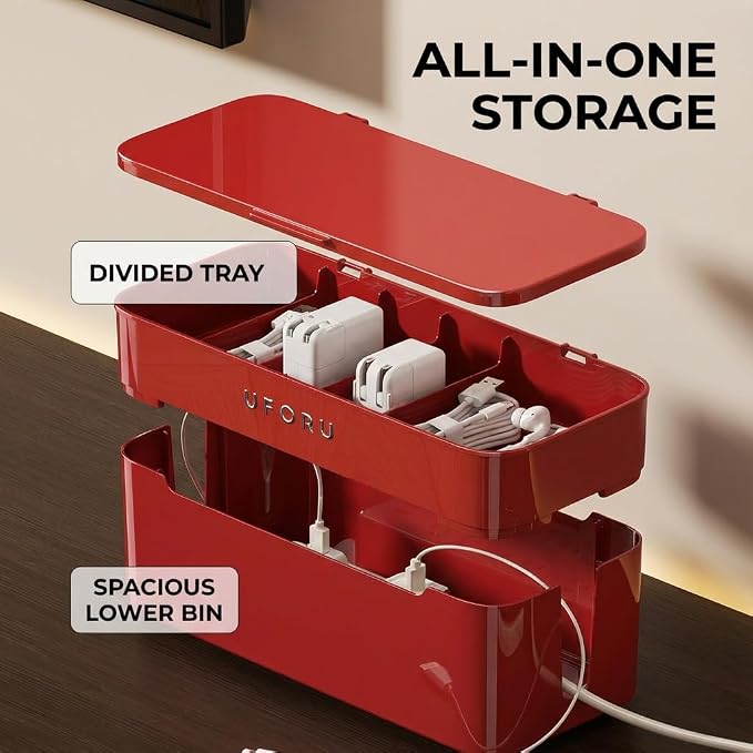 2-Tier Rolling Cable Management Box with Wheels (Large) – Mobile Power Strip Hider & Cord Organizer – Under Desk Wire Concealer & Charging Station Organizer – Baby & Pet Proof Safety (Cream White)