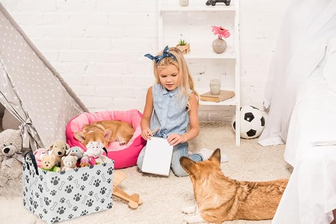 Rectangular Dog Basket,Dog Toy Bin,Dog Storage Basket Organizer.Waterproof PE Coating Puppy Storage Bin with Handles.Dog room decor,Dog Toys,Books,Kid's Gifts basket. (Dog Paw)