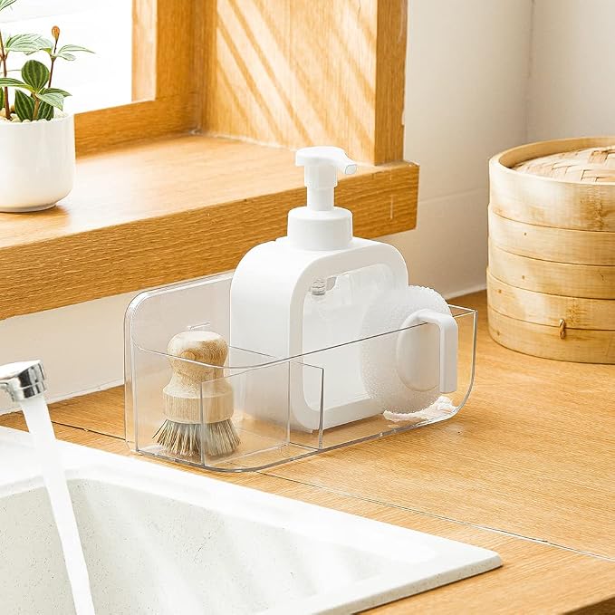 Poeland 2 Pack Wall Mount Storage Organizer, Clear Storage Box Holder Basket with 3 Compartments No Drilling Hang Walls/Doors for Kitchen, Cabinet, Bathroom, Bedroom, Office