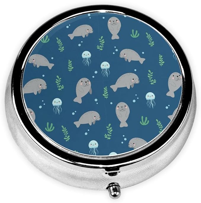 Small Travel Pill Box, Manatee Underwater Round Metal Organizer, 3-Compartment Case for Fish Oil, Pocket Purse Dispenser for Vacation