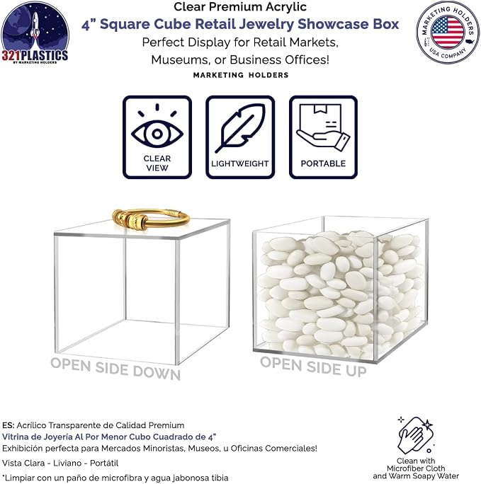2 Pack Clear Acrylic Display Box 4" Square Storage Cube for Collectibles Weddings Treats Jewelry Boxes No Base 1 Side Open No Assembly by Marketing Holders