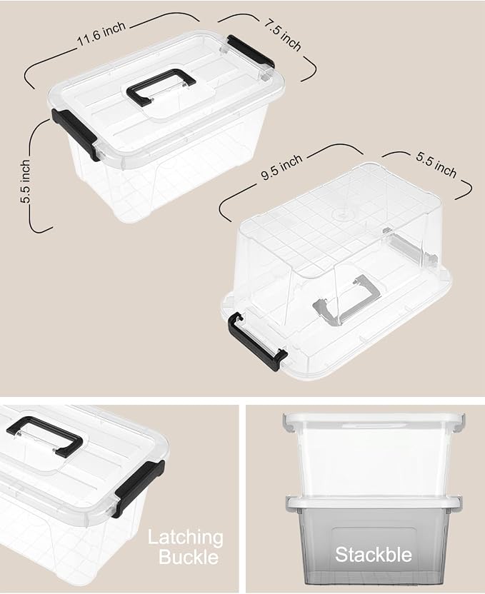 NUMIFUN 7Qt Clear Plastic Storage Bins with Lids,Transparent Design,6 Pack | Stackable organizing totes with buckle latches & handles.Dust-proof clear design for home,office & pantry space saving