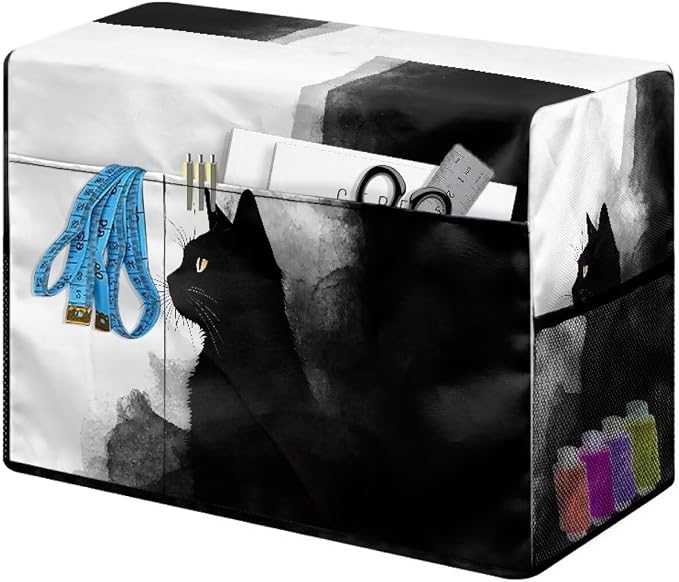 Ink Painting Cat Patterned Sewing Machine Cover Fit Standard Sewing Machines, Features a Convenient Mesh Pocket for Accessories, Adds a Touch of Artistic Flair to Your Sewing Space