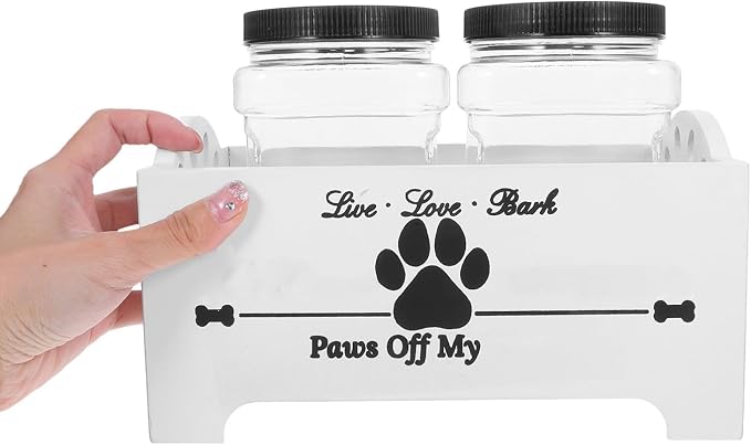 Wooden Dog Food Storage Box with 2 Canisters, Airtight Pet Treat Jar Holder and Snack Organizer, White Solid Wood Crate for Home Countertop Use