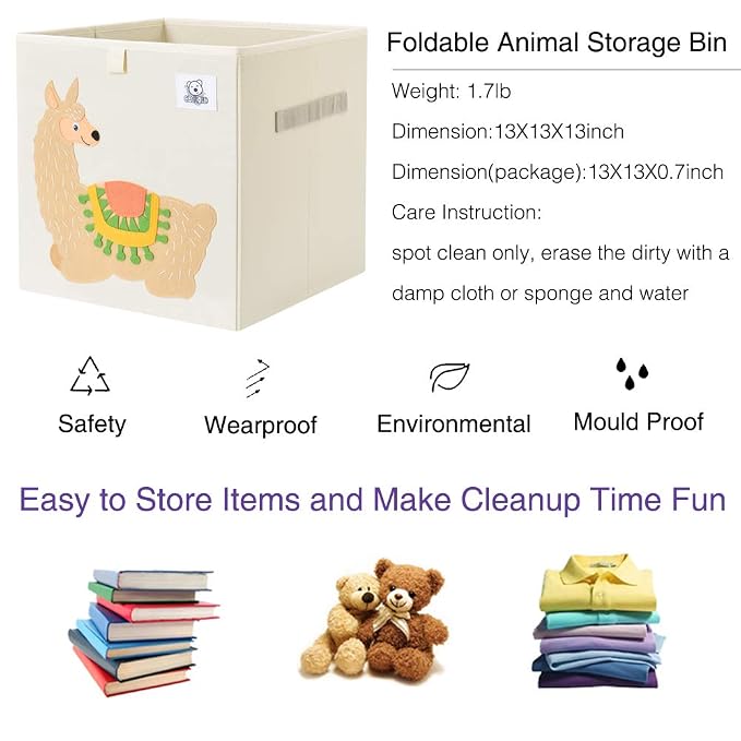 13 Inch Animal Cube Storage Bins, Foldable Fabric Kids Toy Box & Toy Chest | Kids Storage Cubes, Toy Storage Organizer Basket for Toddlers, Boys and Girls, Playroom and Nursery (Alpaca)