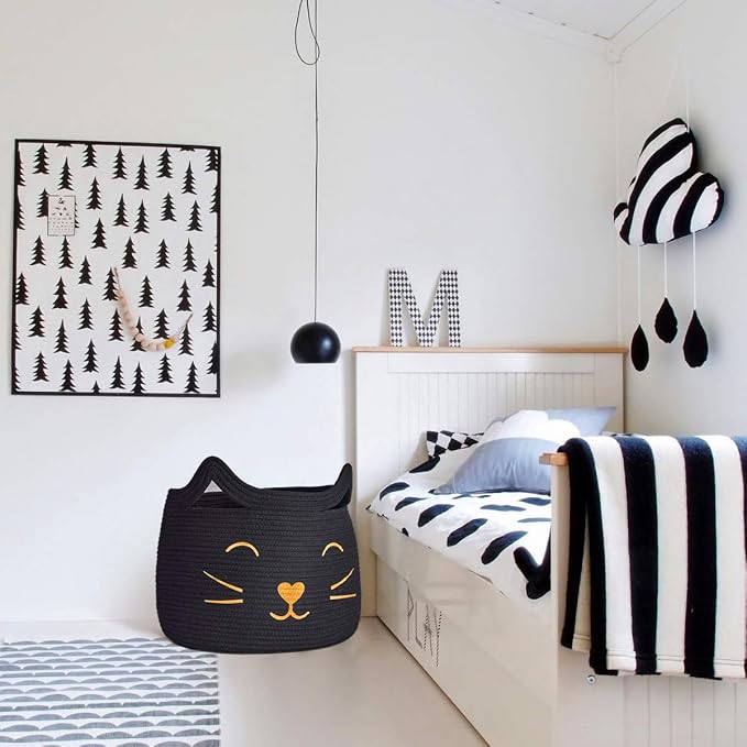 Large Woven Rope Cat Toy Basket with Cat Face Design, Black | 15.7" x 11.8" Toy Bin & Box for Living Room Nursery, Boho Storage Basket for Towels, Blankets, with Sturdy Handles