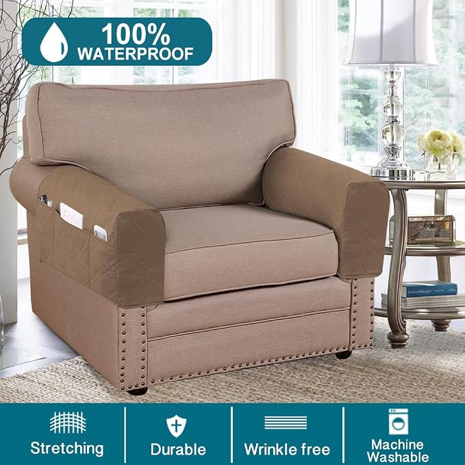 Water Resistant Arm Covers Couch Armrest Covers for Sofa Remote Control Holder Sofa Armrest Organizer for Magazine, Tablet, Phone, iPad (Taupe)
