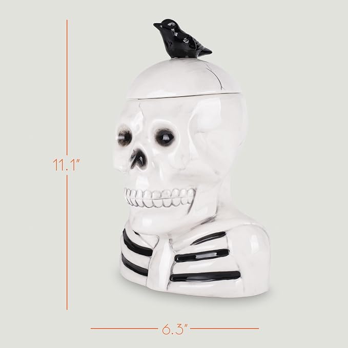 Dolomite Ceramic 12 x 8.5 Halloween Cookie & Candy Jar with Airtight Lid: Perfect for Kitchen Canisters, Pet Treat Containers & Fall Decorative Candy Dish, Skeleton with a Crow