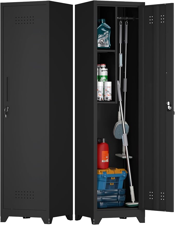 Slim Broom Closet Storage Cabinet, Black Metal Cabinets with Lock and & S-Hooks, Cleaning Supply Cabinet, 65x15.8x15.8 Utility Storage Cabinet for Garage, Office, Laundry Room
