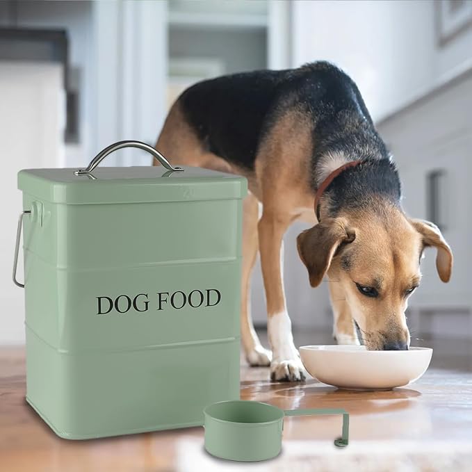 Geyecete Dog Treats tin and dog Food Storage Tin with Lid & with Spoon for dog Food Storage, Medium Pet Food Storage Can-Dog Food-Green
