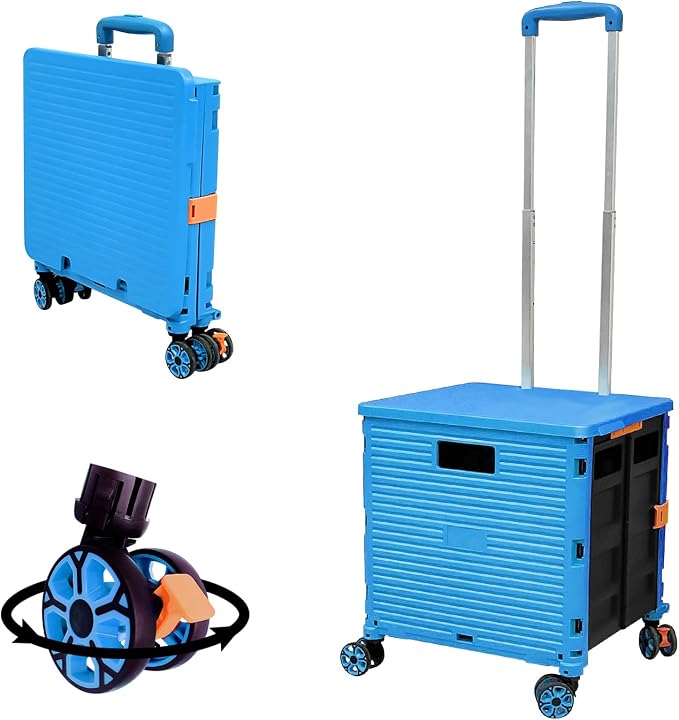 FELICON SELORSS Foldable Utility Cart Portable Rolling Crate-Light Blue | Durable,Heavy Duty,Plastic Box,Telescoping Handle,4 Rotate Wheels,Collapsible Handcart for Travel Shop Move Luggage Office