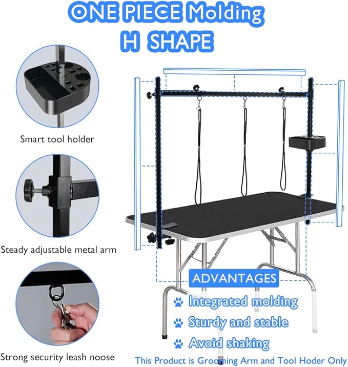 LEIBOU H-Shape Pet Grooming Table Arm with Grooming Hammock Tool Holder Noose and Clamp for Dogs and Cats Heavy Duty Aluminum Alloy Frame with 35.4” Adjustable Height and 36.2” ~ 50” Adjustable Width