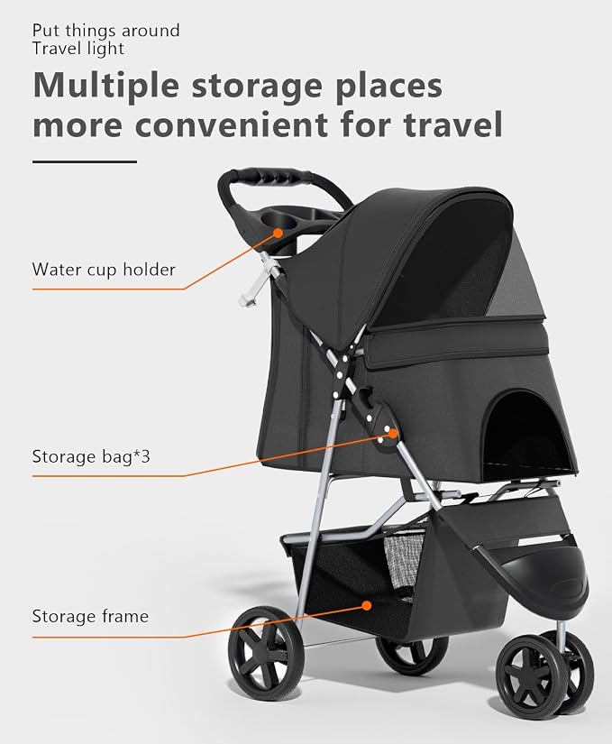 OS MOTOR 3 Wheels Pet Stroller for Small Medium Pets, Black | Foldable Carrier Jogger, Rear Wheel Breaks, Storage Basket, Visible Mesh Weather Cover, Portable, Dog, Cat, Puppy, Kitty