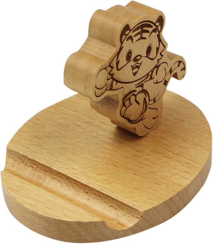 Cute Tiger Wooden Smartphone Desk Holder for All Mobile Phones with Anti-Slip Base and Groove for Phone