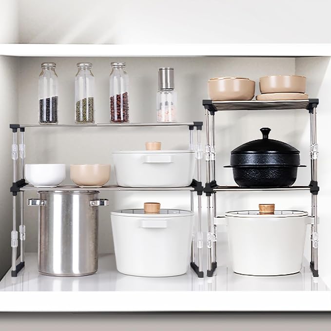carrotez Set of 1 Expandable Cabinet Organizer 11.8~19.6 x 7.8 x 6~9 Black | Width & Height-adjustable Kitchen Cabinet Organizer Shelf, Stackable Kitchen Counter Shelf