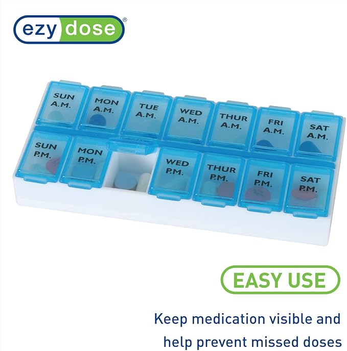 EZY DOSE Weekly (7-Day) AM/PM Daily Pill Case, Medicine Planner, Vitamin Organizer, Fish Oil Holder, Supplements Container, Medium Compartments, 2 Times a Day, Color May Vary, BPA Free (Pack of 3)