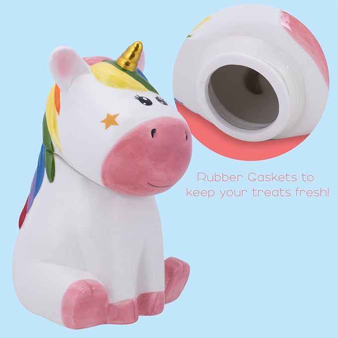 Dolomite Ceramic 10 x 7.3 Everyday Cookie & Candy Jar with Airtight Lid: Perfect for Kitchen Canisters, Pet Treat Containers & Decorative Magical Storage, Rainbow Unicorn With Stars