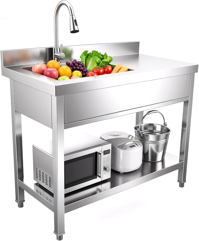 Multi-Use Utility Sink, 304 Stainless Freestanding Sink | All-in-one wash & storage design, suitable for backyards, farms, salons and pet grooming stations.