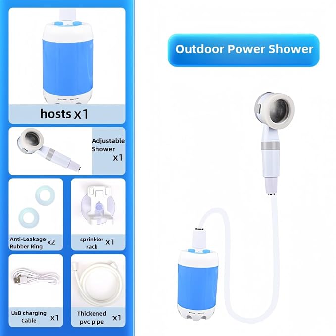Portable Camping Shower with 5000mAh Battery, USB Rechargeable Outdoor Shower Pump with Adjustable Water Flow & 4 Modes, Quiet Compact Shower Kit for Hiking, Pet, Travel, Beach