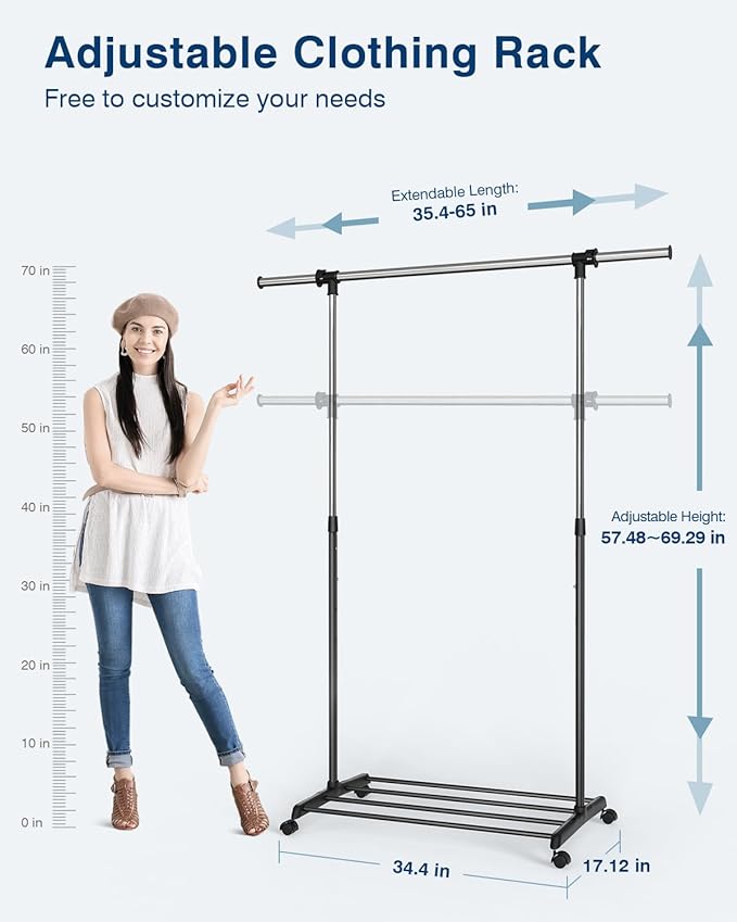 Whitmor Heavy Duty Adjustable Garment Rack-Rolling Clothes Organizer, Black and Chrome