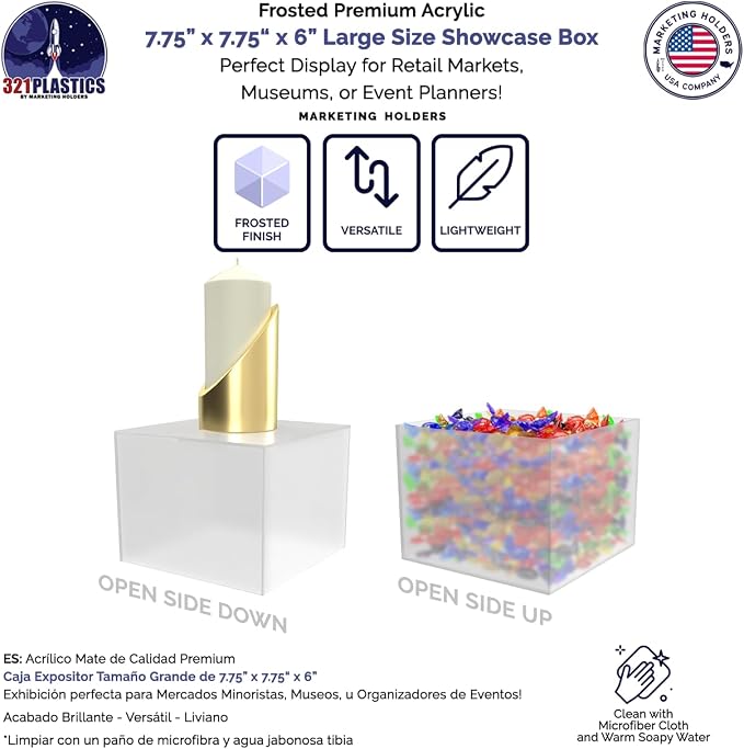 Frosted Acrylic Display Box Versatile 5 Sided Pedestal No Lid 7.75" x 7.75" x 6" Opaque Merchandise Storage Bin Retail Product Riser One Open Side by Marketing Holders