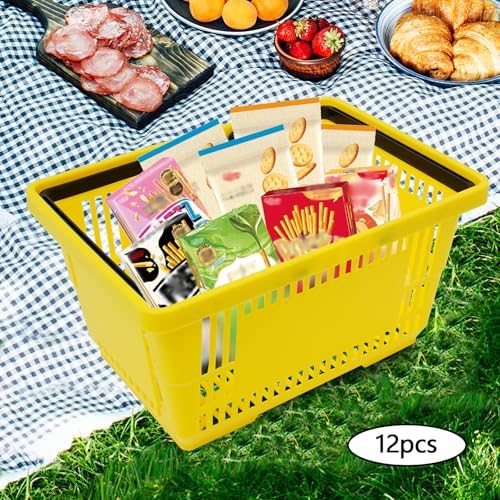 12 Pack Shopping Baskets with Handles, 18 L Plastic Shopping Cart(Yellow)
