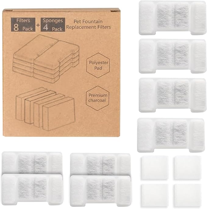 Cat Water Fountain Replacement Filters, 8 Pack Replacement Filters & 4 Pack Replacement Sponges Set for 2.2L/74oz Automatic Stainless Steel Pet Fountain Ultra Quiet