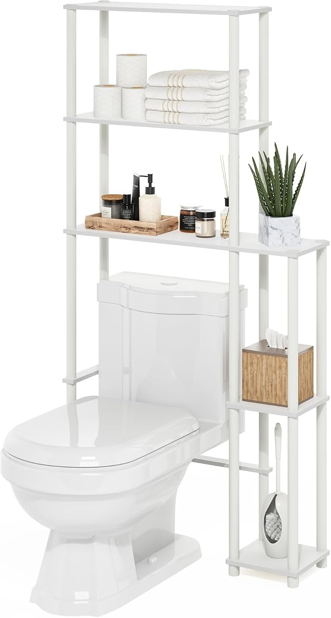 5-Shelf Toolless Assembly Over The Toilet Organizer, Freestanding Space Saver Bathroom Shelf, Over The Toilet Storage, for Bathroom Organizers and Storage, White