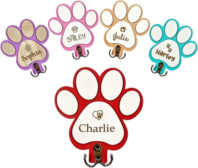 Personalized Dog Leash Holder Wall Mount, Custom Engraved Wood Paw Hanger, Entryway Key Rack Collar Harness Organizer Hook Gift for Pet Lovers(Red)