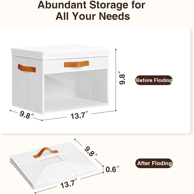 Large Storage Bins with Lids - 6 Pack Foldable Decorative Organizers with Clear Windows & Handles, Cube Storage Organizers for Clothes, Blankets, Sweaters, Sheets, White