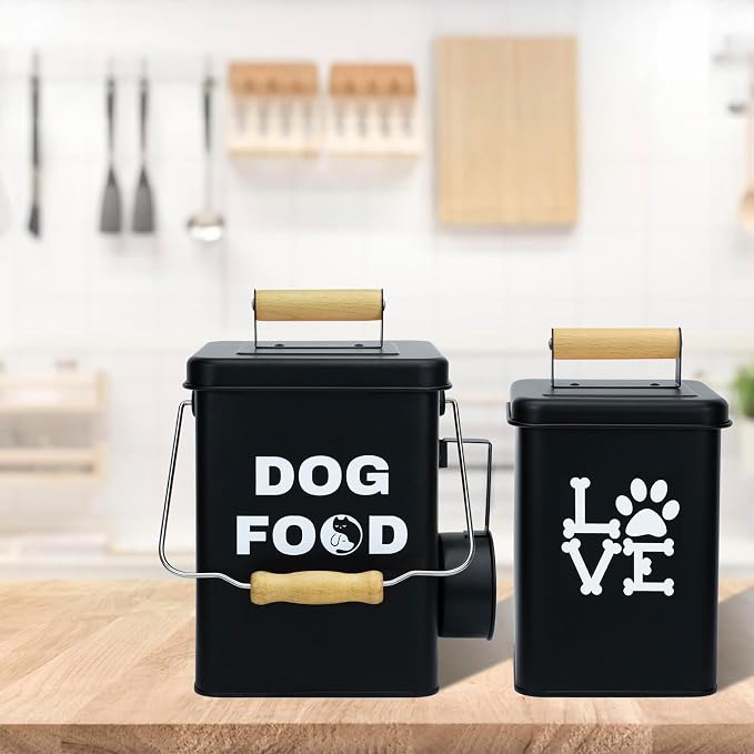Dog Food Storage Container Set of 2 Dog Treat Container with Airtight Lids Dog Treat Jar with Scoop Metal Dog Food Holder with Wooden Handles for Kitchen Counter and Pantry Home Decor - Black