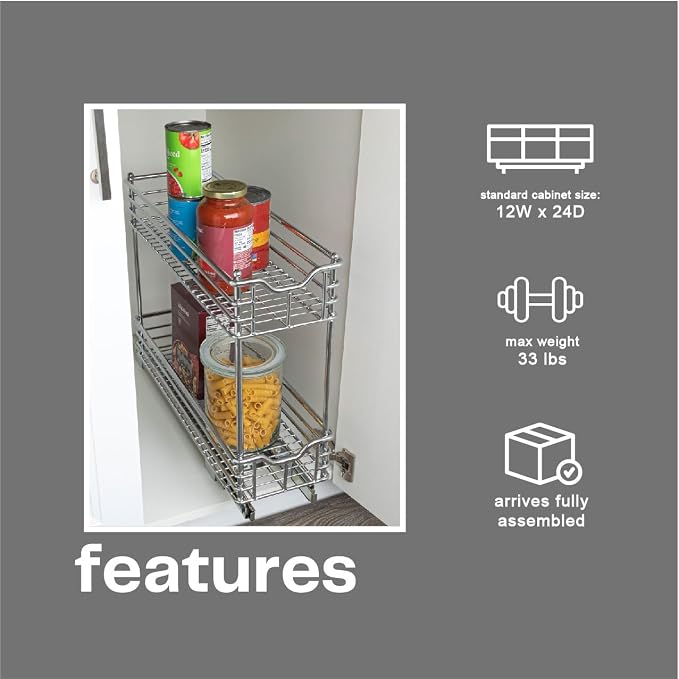 Household Essentials Glidez 2‑Tier Multipurpose Chrome‑Plated Steel Pull‑Out/Slide‑Out Under Cabinet Organizer, Chrome Finish