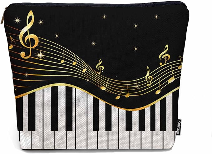 Women Makeup Organizer Bag Piano Music Notes Instrument Piano Flax Cosmetic Bag Makeup Bags Toiletry Bag Accessories Organizer Travel Bags For Home Bathroom Office Hotel Gym Black Golden