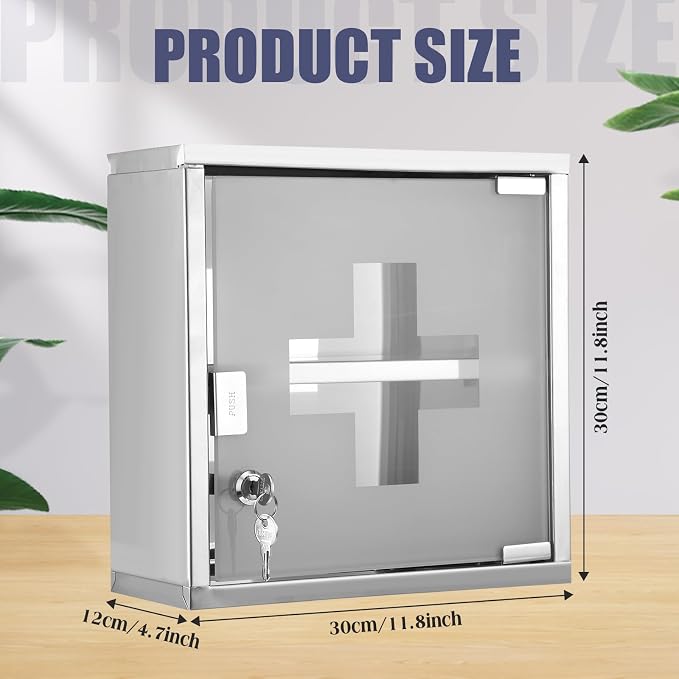 Timgle First Aid Wall Cabinet with Lock Medicine Wall Mounted Bathroom Storage Hanging Medical Cabinet with Safety Glass Door for Bathroom(2 Shelves,Silver)