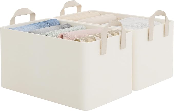 StorageWorks Fabric Storage Bins, Closet Organizer Bins, Beige, 2-Pack | With PU Handles, Wrinkle-Resistant Cottlyn Fabric, Foldable, For Bedroom, Bathroom, Laundry, Holds Clothes, Towels, Blankets