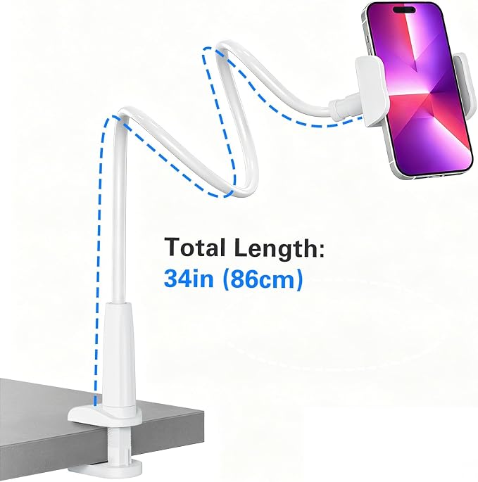 Gooseneck Phone Holder for Bed, 34inch Flexible Overhead Cell Phone Mount for Desk, Hands-Free Viewing Clamp Stand Compatible with iPhone 17 16 15 Pro Max and 3.5-7" Devices, White