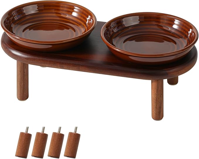 Havniva Elevated Cat Bowls, Ceramic Cat Bowl with Wood Stand, Wide Opening | 5.7” Raised Cat Food Bowls, Whisker Friendly Cat Dish, Anti-Slip Cat Water Bowls, Shallow Cat Bowls, Cat Food & Water Bowl