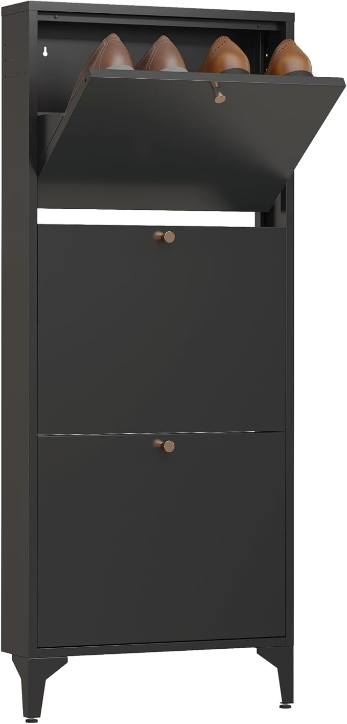 Shoe Cabinet with 3 Flip Drawers, Narrow Shoe Storage Cabinet, Farmhouse Shoe Organizer, Freestanding Organizer with Metal Legs for Entryway, Foyer (Black, Narrow 3-Door)