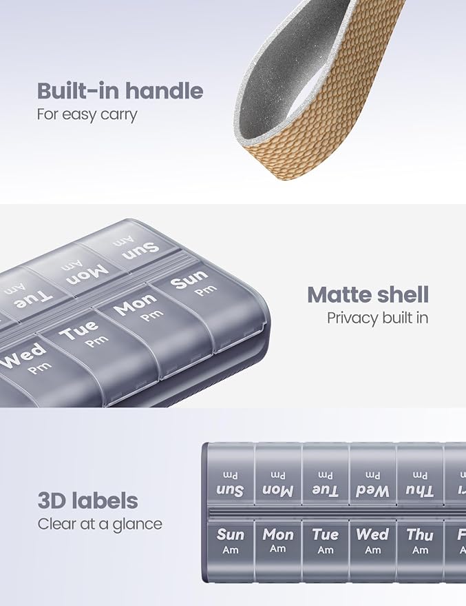 Pill Organizer 2 Times a Day, Built-in Desiccant | 7 Day AM PM Weekly Pill Box, Easy-Open, Portable Carry Handle, BPA-Free, Matte Privacy Case for Supplements and Vitamins