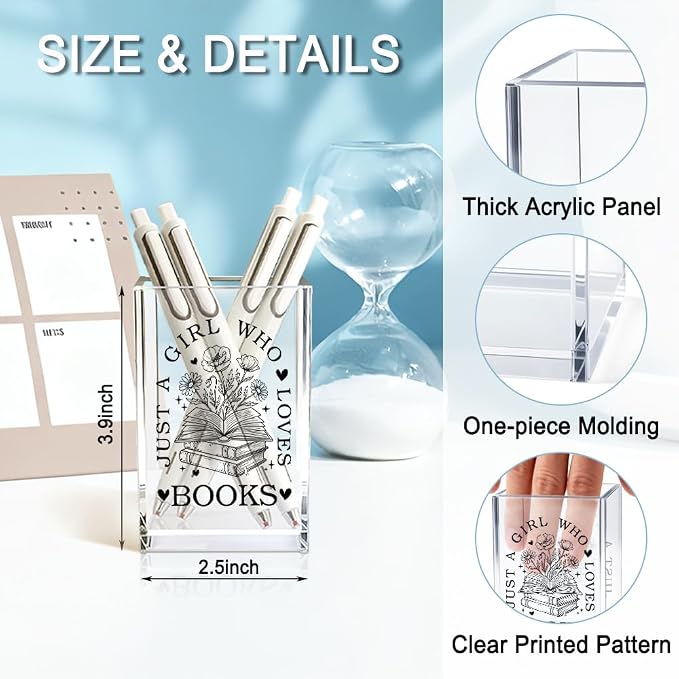 Just A Girl Who Loves Books Acrylic Pencil Holder Cup for Women | Funny Floral Books Desk Organizer for Book Lover Bookish Bookworms Readers, Empowerment Gifts for Daughter Girls Sister BFF