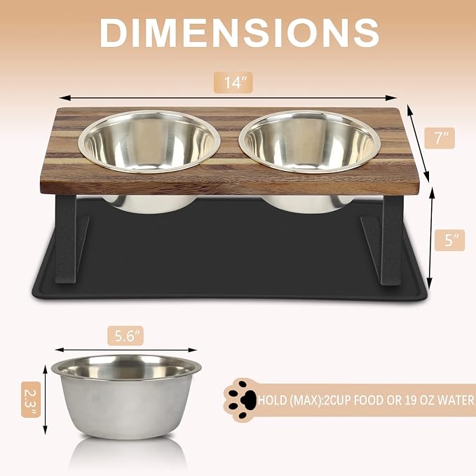 Aivituvin Elevated Dog Bowls, 15°Tilted Raised Cat Food Bowl, Walnut Wood Water Stand Feeder Set for Cats and Puppy, Pet Bowls with Anti Slip Mat(Small)