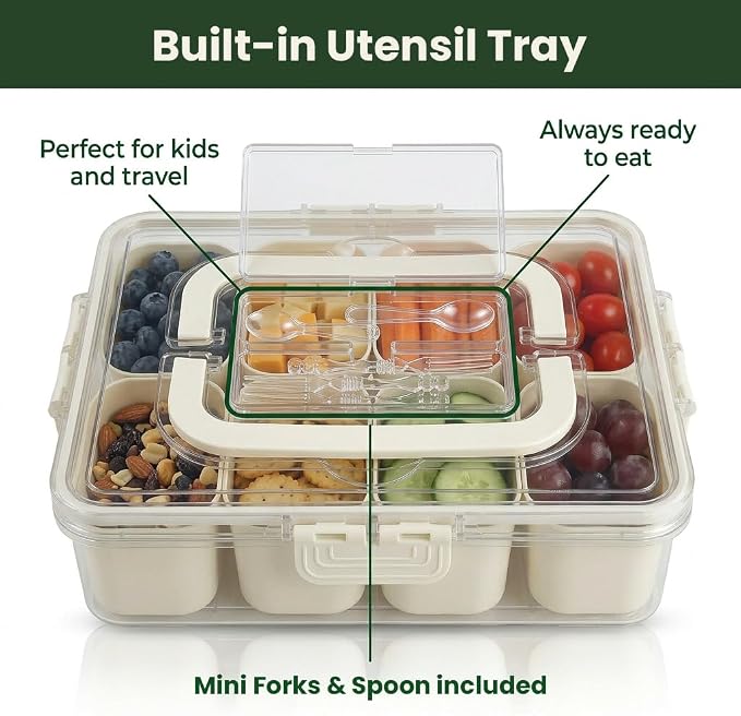 Snackle Box Container 2 Pack | Snack Box Container with Lid, BPA-Free 8-Compartment Divided Serving Tray & Snack Tray with Built-In Utensil Tray | Snack Tackle Box Organizer for Adults & Kids