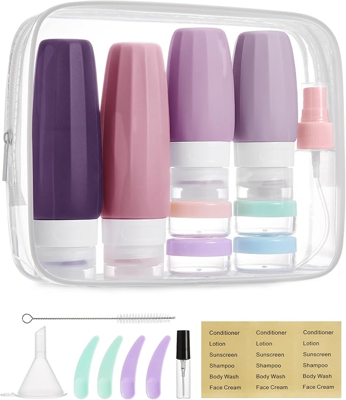 BAGSMART 18 Pack TSA Approved Travel Bottles for Toiletries, Leak Proof Silicone Travel Size Containers Bottles for Shampoo, Purple