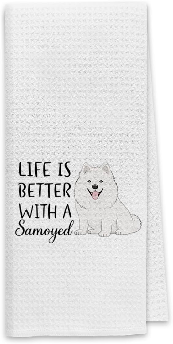Dibor Life is Better with A Samoyed Kitchen Towels Dish Towels Dishcloth,Cute Poodle Puppy Dog Absorbent Drying Cloth Hand Towels Tea Towels for Bathroom Kitchen,Dog Lovers Girls Women Gifts