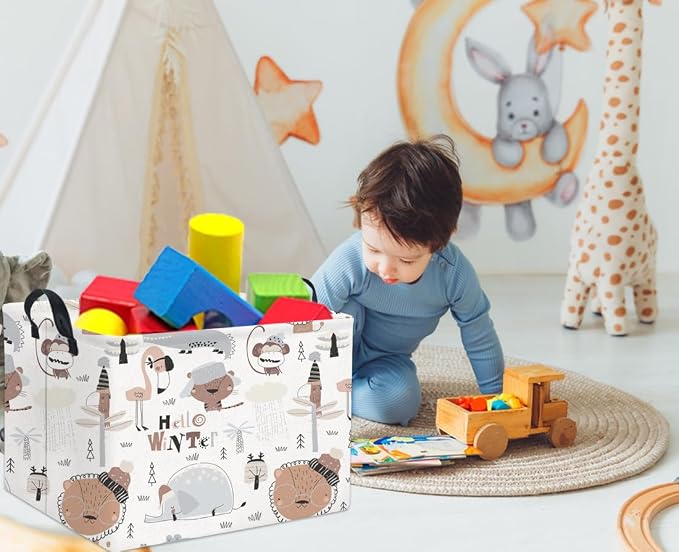Rectangular Kids Storage Basket Baby Storage Basket Cute Kids Toy Storage Bin Organizer Shelf Book Room Decor(Winter Animal)