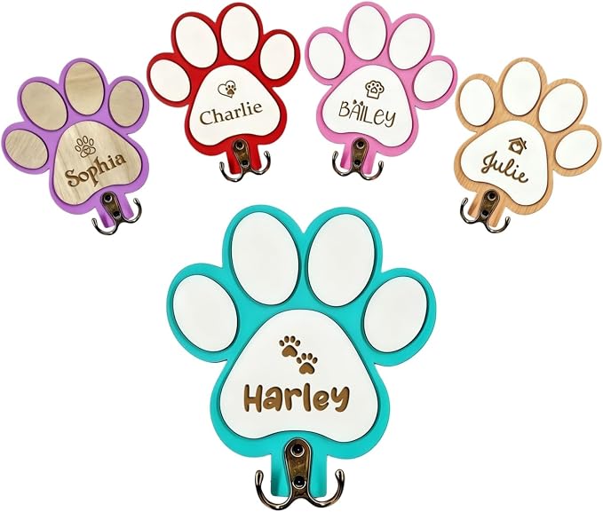 Personalized Dog Leash Holder Wall Mount, Custom Engraved Wood Paw Hanger, Entryway Key Rack Collar Harness Organizer Hook Gift for Pet Lovers(Blue)