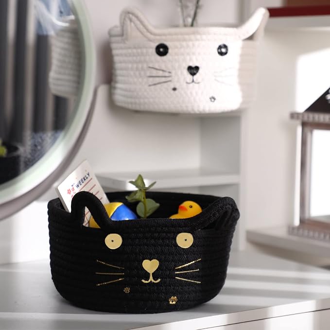 Zopeal Cat Storage Basket Woven Organizer with Ears Decorative Gift Cute Cotton Rope Pet Toy Basket for Gift Cat Dog Toy Bin Nursery Room(8.3 x 4.7 Inch,Black)